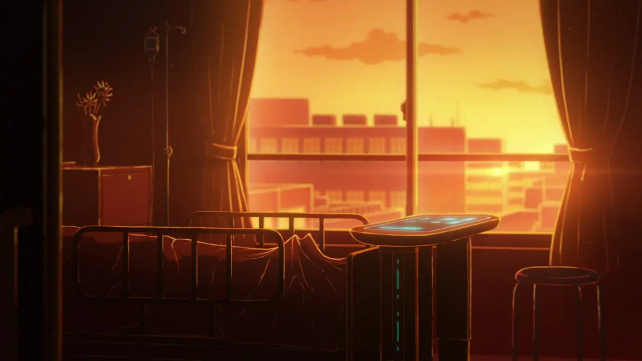 A scene for the real-world segment of the game, presumably a hospital room. (Gematsu)