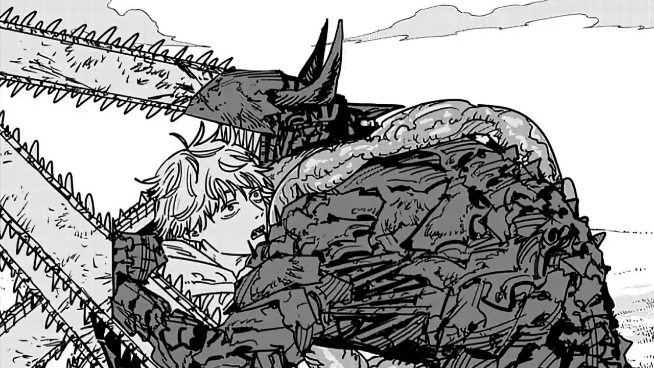 Pochita, as the Chainsaw Devil, hugs Denji before bidding him farewell. (Manga Plus)